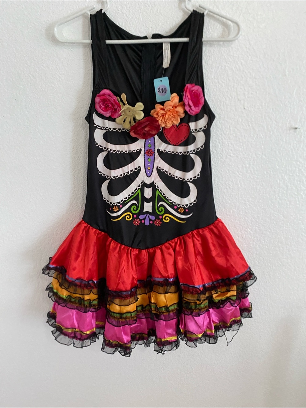 Girls Black Sugar Skull Skeleton Costume Dress with Floral Accents